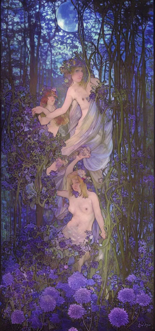 Prompt: painterly dreamy Kupala Night in the blue night forest with trees which have eyes, giant flowers, glowing owls, deers, beautiful women, lianas, thistles, giant fantasy creatures, a stream and sky with moon and stars by Alphonse Mucha, Ellen Sheidlin, dark fantasy, very detailed oil painting in the alla prima style, volumetric lighting, masterpiece, 8k