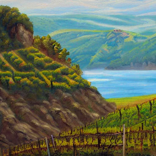 Prompt: highly detailed painting of a cliff side, at the bottom is a vineyard, thick brush strokes, visible paint layers.