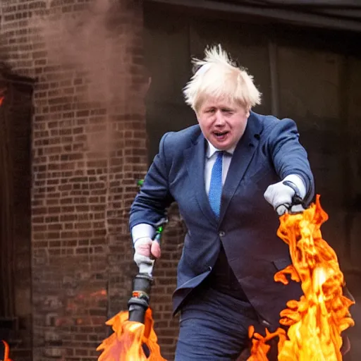 Prompt: Boris Johnson Weilding A flamethrower, firing it into a building, medium shot photo 8k ultrahd