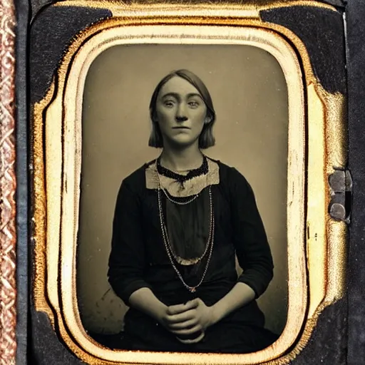 Image similar to Tintype photograph of Saoirse Ronan as a Irish ethnographic subject. 1920s studio lighting.