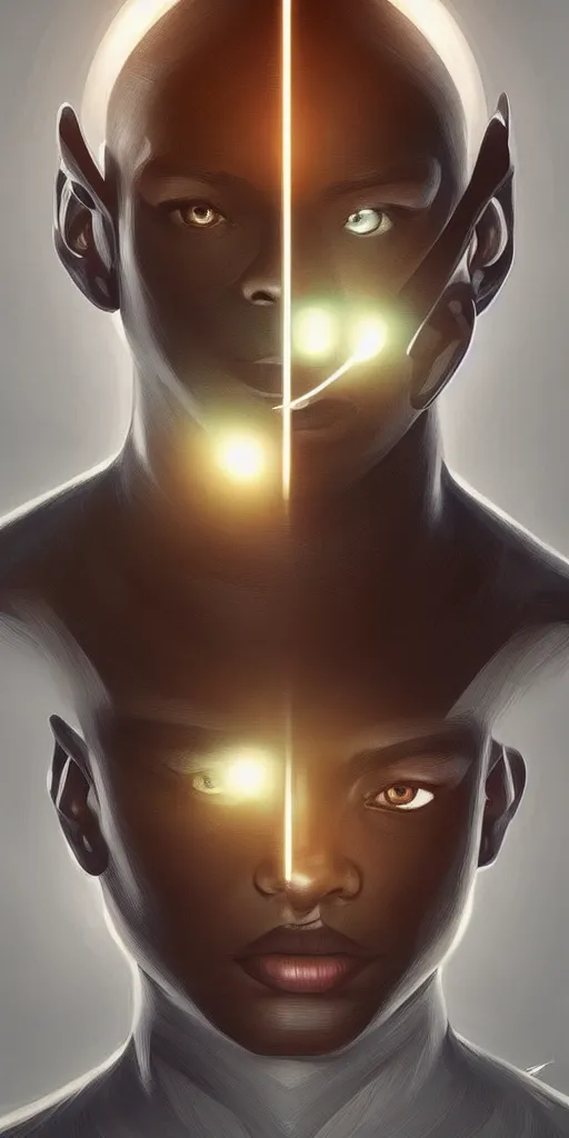 Image similar to symmetry!! solid cube of light, hard edges, product render retro - futuristic poster scifi, lasers coming from eyes, brown skin man, intricate, elegant, highly detailed, digital painting, artstation, concept art, smooth, sharp focus, illustration, dreamlike, art by artgerm