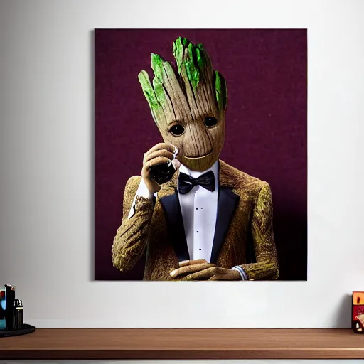 Image similar to realistic groot as a gentleman wearing tuxedo drinking wine, 1 0 0 mm, photorealistic, movie shot, studio lighting, 8 k