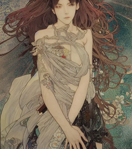 Image similar to yoshitaka amano anime painting, intricate line drawings, pen and ink, alphonse mucha, claire wendling, kentaro miura, ruan jia