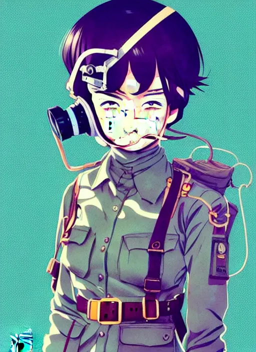 Prompt: singular girl with wearing ww 2 gas mask, ww 2 uniform, very anime!!! anime!! intricate details, aesthetically pleasing pastel colors, smoke poster background, art by conrad roset and ilya kuvshinov