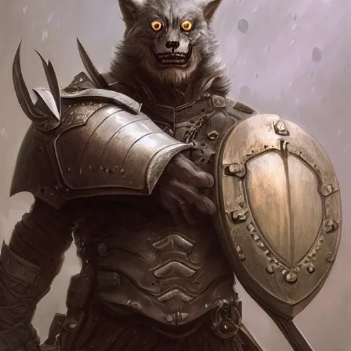 Prompt: portrait, werewolf man, wearing a dark heavy plate armor, wielding sword and shield, rpg game, main character, detailed, digital painting, artstation, sharp focus, illustration, artgerm, tomasz alen kopera, peter mohrbacher, donato giancola, joseph christian leyendecker, wlop, frank frazetta