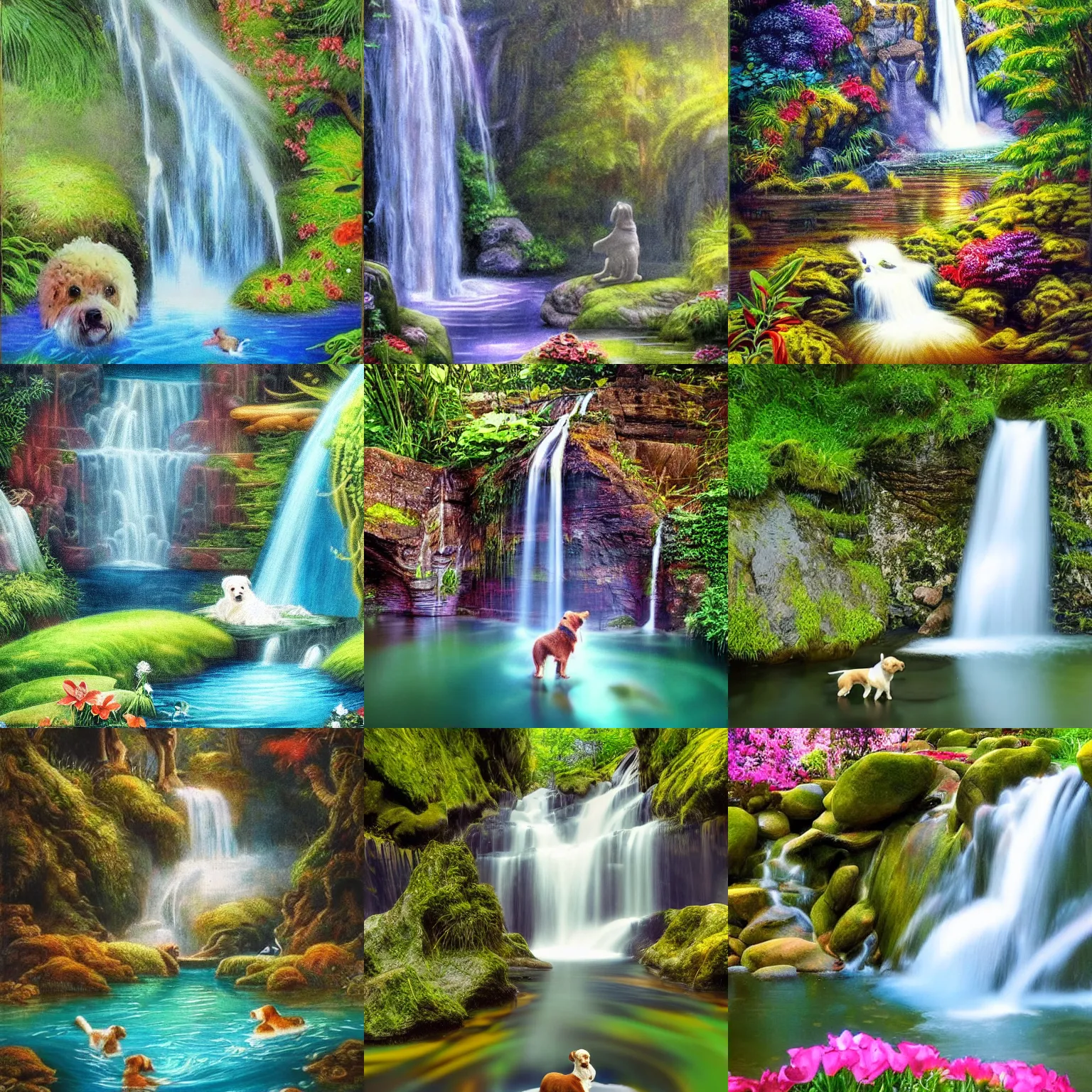 Prompt: Waterfall with a dog swimming in the water underneath, fairytale artwork, realistic, highly detailed, beautiful, zen, tranquil, exquisite, rich flower colors, smooth