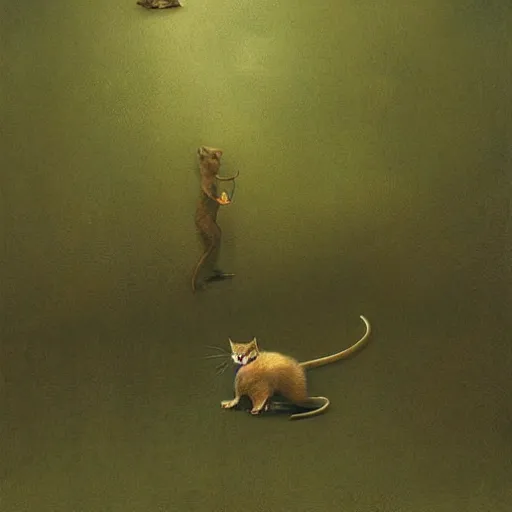 Prompt: An evil cat chasing a mouse, eerie, digital art by Beksinski