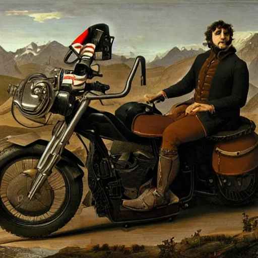 Prompt: portrait of al pacino crossing the alps riding a harley davidson by jacques - louis david