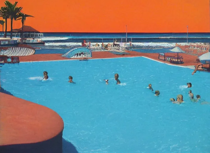 Image similar to pool at the beach. no people. nostalgic. 6 0 s styled art