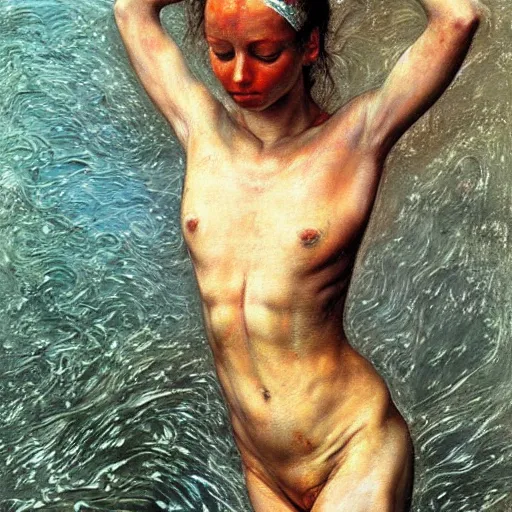 Prompt: high quality high detail painting by lucian freud and beksinski, hd, girl swimming