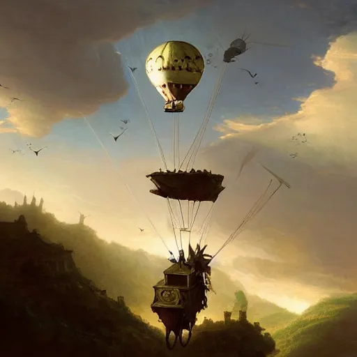 Image similar to a medievalpunk flying vehicle with an air balloon and bat like wings, matte painting, by thomas Cole, James Gurney, Craig mullins, RHADS, Trending on Artstation