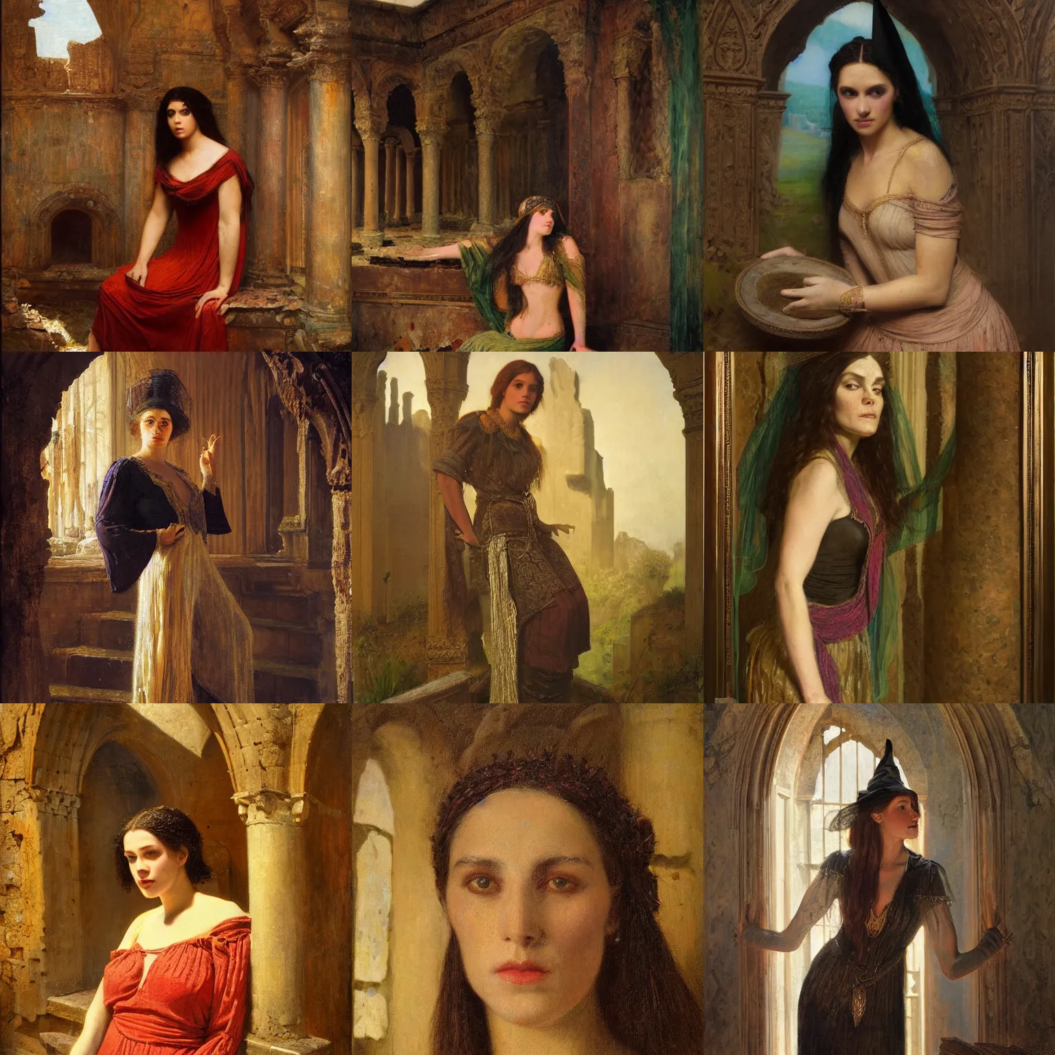 Prompt: portrait of a beautiful witch in a ruin by Edwin Longsden Long and Theodore Ralli and Nasreddine Dinet and Adam Styka, masterful intricate artwork. Oil on canvas, excellent lighting, high detail 8k