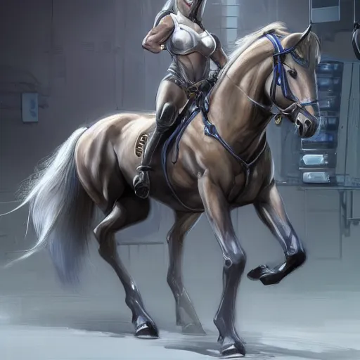 Image similar to an enormously muscular anthro horse experimental supersoldier in a research facility wearing a skintight body armor with chemical injectors, long white mane, equine, anthro art, furaffinity, highly detailed, digital painting, artstation, concept art, illustration, art by artgerm, greg rutkowski, ruan jia