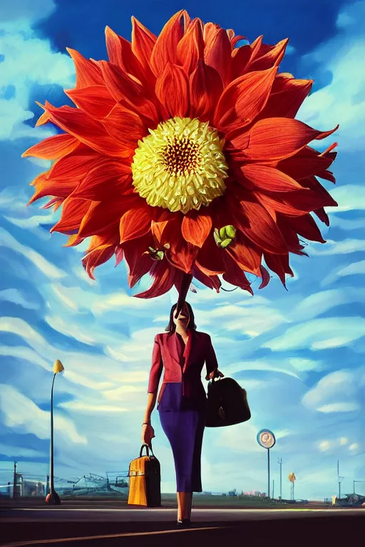 Image similar to closeup giant dahlia flower head, girl in a suit on a street, surreal photography, blue sky, sunrise, dramatic light, impressionist painting, digital painting, artstation, simon stalenhag