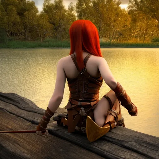 Image similar to beautiful female redhead elf warrior wearing tanned leather and a longbow bow and quiver on her back, sitting next to a beautiful lake at sunset, enjoying the wind, looking at the water. 8 k ultra realistic, award winning, unreal engine 5, masterpiece, atmosphere glow, hyperrealistic, focused, extreme details, cinematic