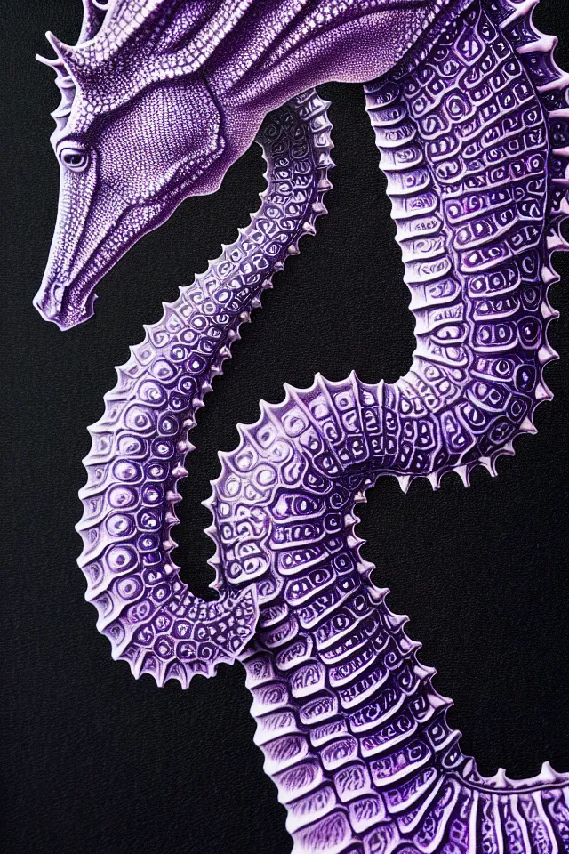 Image similar to a close - up portrait of a purple ornate seahorse statue, black paper, billions of details, beautiful intricate painting by kokaris