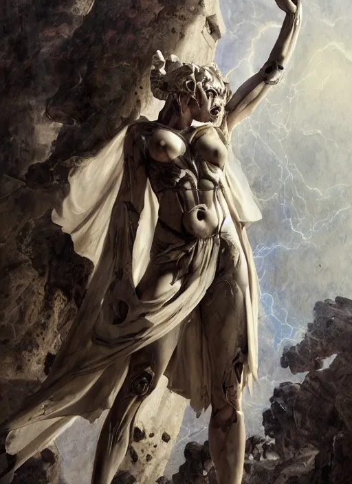 Prompt: portrait of a diabolical marble cyborg girl, ancient greek statue, wearing torn white cape, dynamic pose, thunder, glowing eyes, post apocalyptic ancient ruins, glowing veins subsurface scattering, in clouds, sunset, portrait, by gerald brom, by mikhail vrubel, by peter elson, muted colors, extreme detail, trending on artstation, 8 k