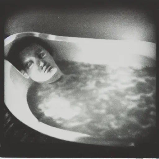 Prompt: A polaroid photograph of a man laying in a bath filled with milk, body submerged face peeking through