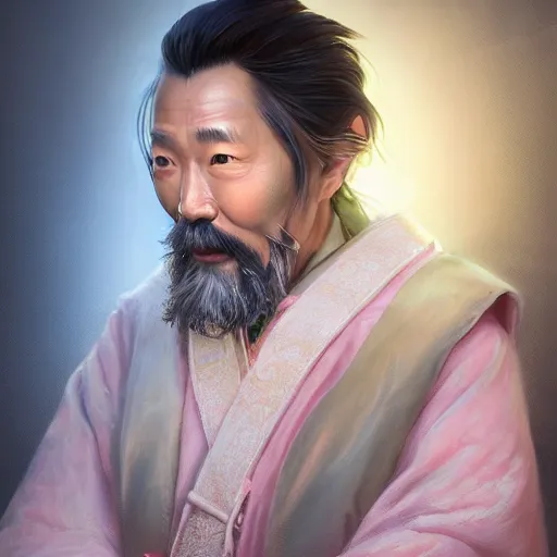 Prompt: portrait painting of a 6 0 year old kind handsome taoist priest, like runfa zhou, silver ponytail hair, amiable by wenjun lin, irakli nadar, bright colors, octopath traveler, wenjun lin, unreal engine 5 highly rendered, global illumination, radiant light, detailed and intricate environment