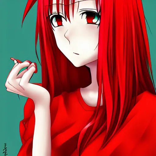 Prompt: anime girl with red hair, confused facial expression, in red dress, portrait, by sakimichan