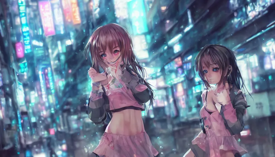 Image similar to cute anime girl in a cyberpunk city by wlop, detailed eyes, heterochromia, bright eyes, closeup, happy expression, laughing, short minidress, light clothing, posing, light rain, hyper real, detailed digital art, idol, photorealistic, trending on art station