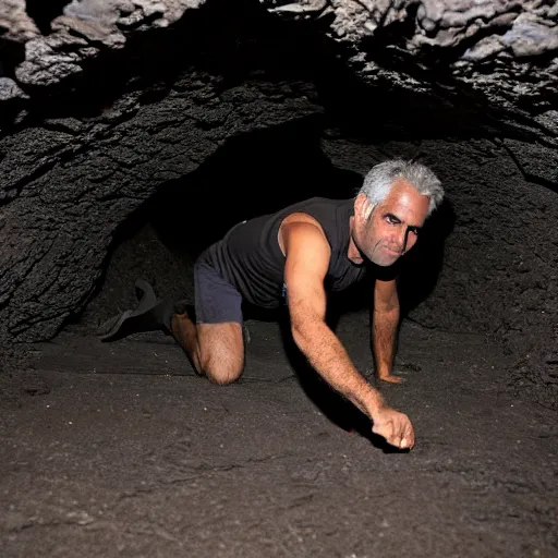 Image similar to Jeffery Epstein crawling in a dark cave, photography, creepy, ray william johnson, 8k,