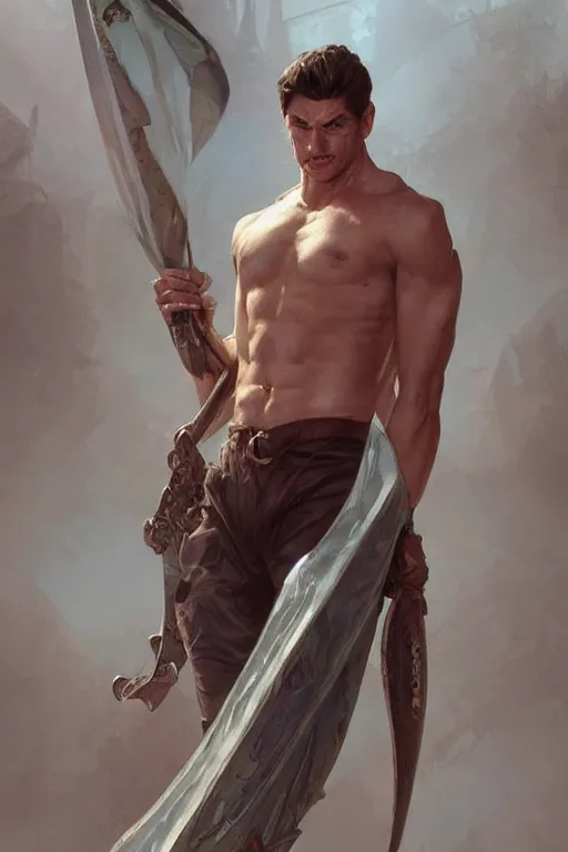 Image similar to Young man, no beard, muscular upper body, D&D, fantasy, realistic physic, accurate hyper-realistic body, elegant, highly detailed, digital painting, artstation, concept art, smooth, sharp focus, illustration, art by artgerm and greg rutkowski and alphonse mucha