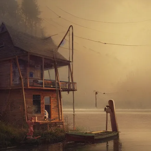 Image similar to movie scene of a bait and tackle shack, a wooden dock and fisher boats on a very misty day, cinematic, very mysterious mood, by greg rutkowski, loish, rhads, ferdinand knab, makoto shinkai and lois van baarle, artgerm, pixar, ilya kuvshinov, rossdraws, tom bagshaw, global illumination