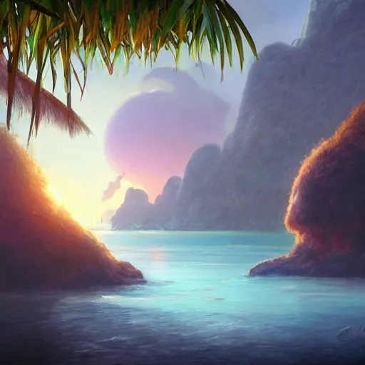 Prompt: a painting of a tropical island, a matte painting by jordan grimmer, cgsociety, fantasy art, matte painting, unreal engine 5