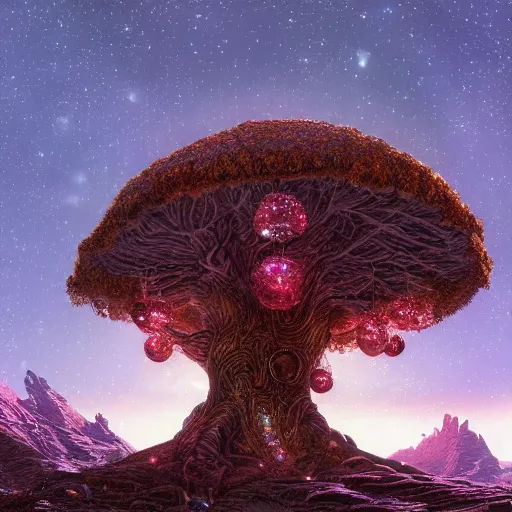 Image similar to matte painting of a beautiful tree with a shining cristals in its center and opulent crystals! at it's base set in an alien landscape, by Pail Lehr and Dan Mumford and Dan Hillier, octane rendered, 8k resolution,