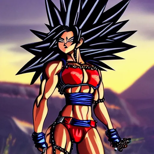 Prompt: Muscular ultraviolent woman, wild spiky black Saiyan hair, electrified hair, chrome armor, heavy chestplate armor, black spandex, holding jagged scimitar, palm trees, red sky, destroyed mountains, chrome military base, 1987 video game boxart, pulp art, hyper-detailed