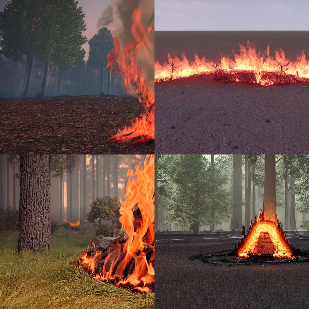 Prompt: a fire is burning in the middle of the ground, a screenshot by marina abramovic, trending on unsplash, primitivism, rendered in unreal engine, rendered in cinema 4 d, unreal engine 5