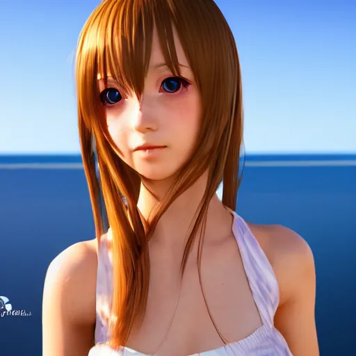 Image similar to Render of a very beautiful 3d anime girl, long hair, hazel eyes, cute freckles, full round face, short smile, cute sundress, golden hour, serene beach setting, medium shot, mid-shot, highly detailed, trending on Artstation, Unreal Engine 4k