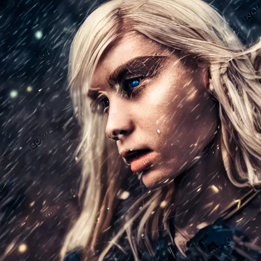 Image similar to beautiful blond cyborg girl in full battle gear in a destroyed city, moody lighting, 8 k, shallow depth of field, cinematic lighting,