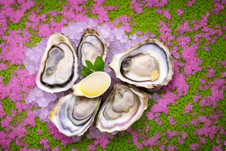 Prompt: a romantic dlsr photoportrait of the very beautiful oyster in the field of flowers. pastel colors, blurred background. sharp focus on the oyster, 5 0 mm lens, professional light, aerial shot from the drone