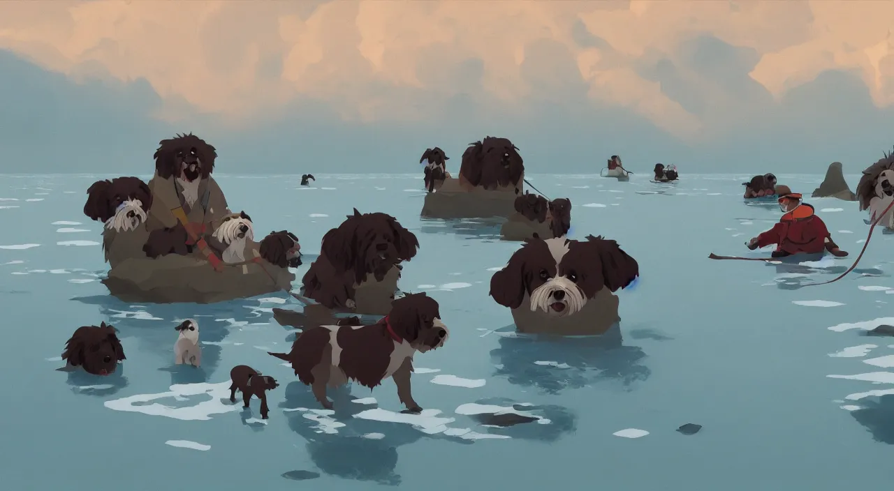 Image similar to havanese dogs pulling arctic explorers from the water, 1 9 0 0, tartakovsky, atey ghailan, goro fujita, studio ghibli, rim light, scary, afternoon lighting, clear focus, very coherent