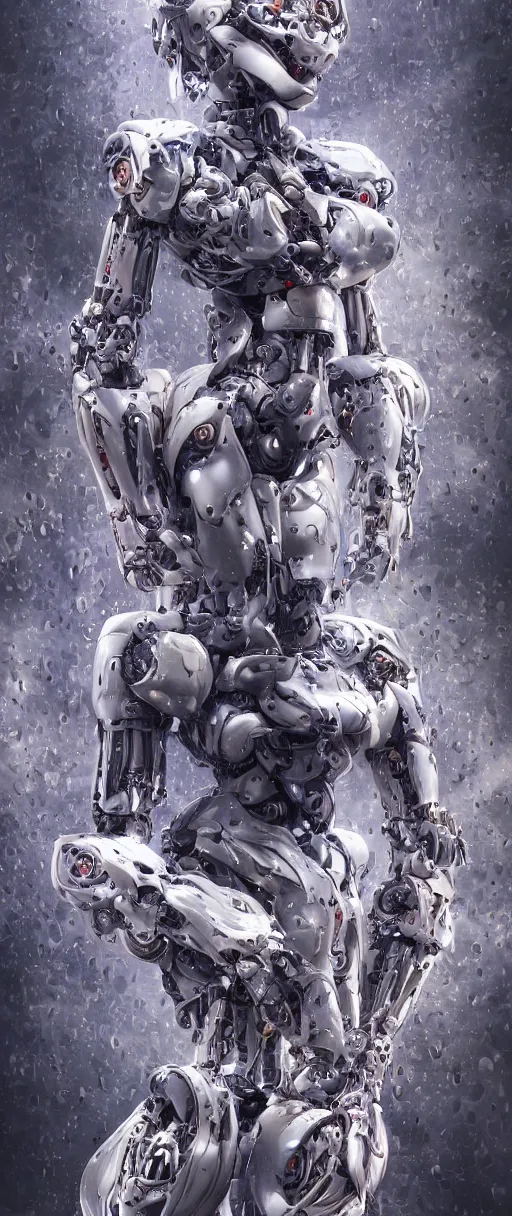 Prompt: a highly detailed digital image of a highly detailed and mechanical robotic mecha beautifully intertwined in chromatic liquid like leaves, matte white background, full body shot, by Andrew Chiampo, artstation, and Frederik Heyman, extremely detailed woman, stunning volumetric lighting, hyper realism, fantasy 4k