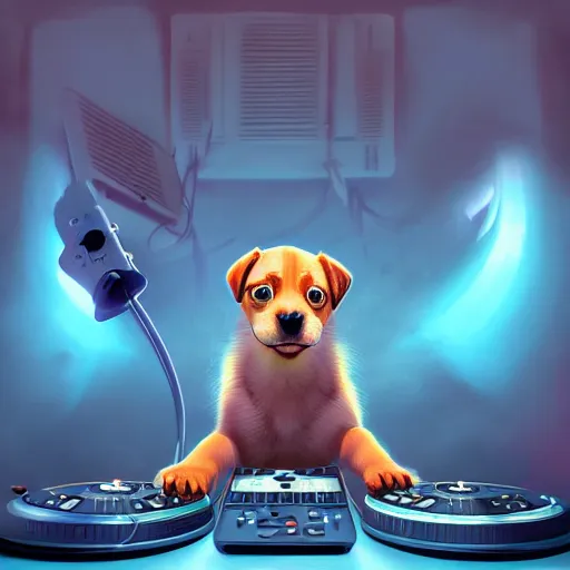 Image similar to puppy as a DJ, 8k, fantasy, intricate, cinematic lighting, highly detailed, digital painting, artstation, concept art, smooth, sharp focus, illustration, by Pixar