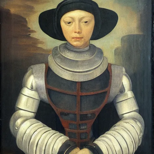 Prompt: renaissance oil portrait of an austere robot