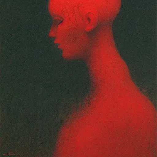 Prompt: portrait of pale white young teen girl in old red dress with black dark short hairs by Beksinski
