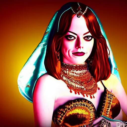 Image similar to a portrait of emma stone dressed as a belly dancer, arabian night, high quality, fully detailed, 4 k, in focus face with fine details, realistic hand details and anatomy