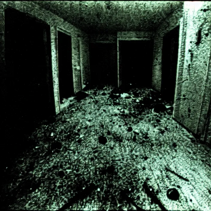 Image similar to unspeakable horrors, nightmare, horror, unknown, dark, liminal space, abandoned house, white eyes, 3 5 mm, found footage, film shot