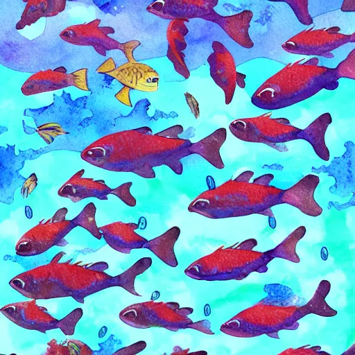 Prompt: A school of fish swimming in a coral reef, watercolor, trending on artstation, by studio Ghibli