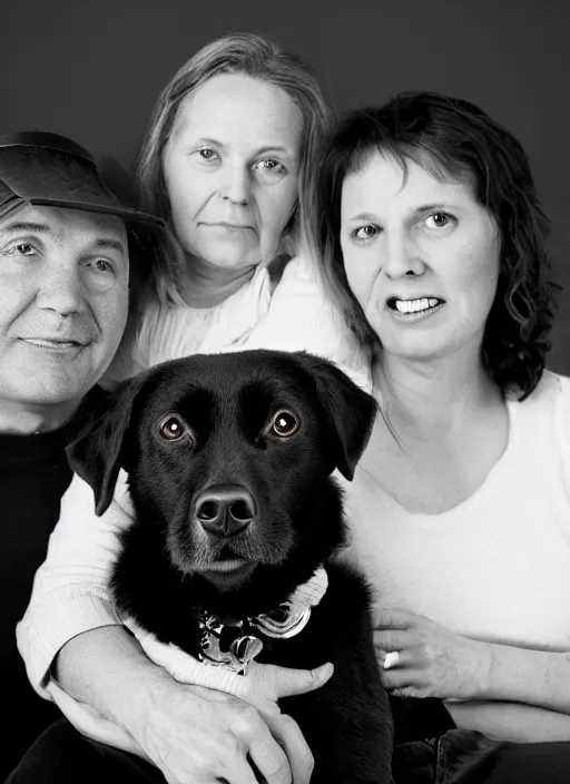 Image similar to a family portrait of a husband, wife, and their black dog. 9 0 s, studio lighting, mamiya, bulb flash