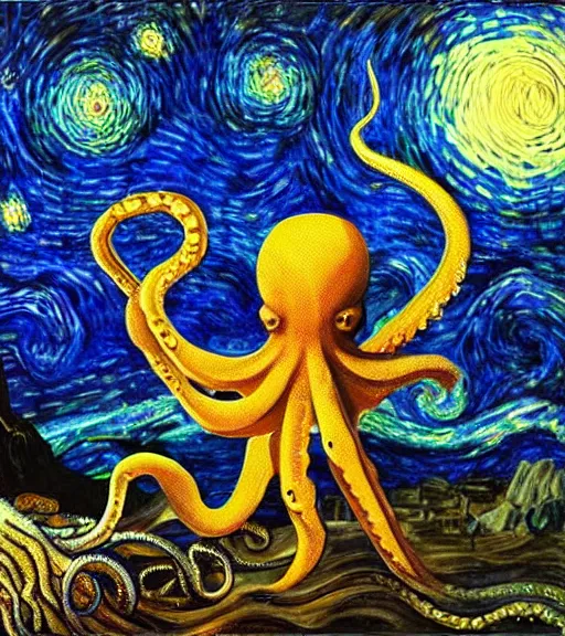 Image similar to a cybernetic realistic octopus giving a lecture in Cap de Creus, Starry Night, Ethereal Scifi, detailed oil painting by Salvador Dali