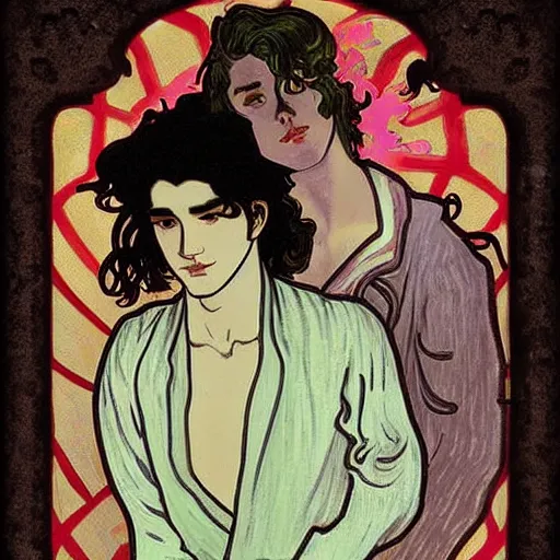 Image similar to painting of young cute handsome beautiful dark medium wavy hair man in his 2 0 s named shadow taehyung and cute handsome beautiful min - jun together at the graveyard party, ghostly, haunted gravestones, ghosts, autumn! colors, elegant, wearing suits!, clothes!, stylish, delicate facial features, art by alphonse mucha, vincent van gogh, egon schiele