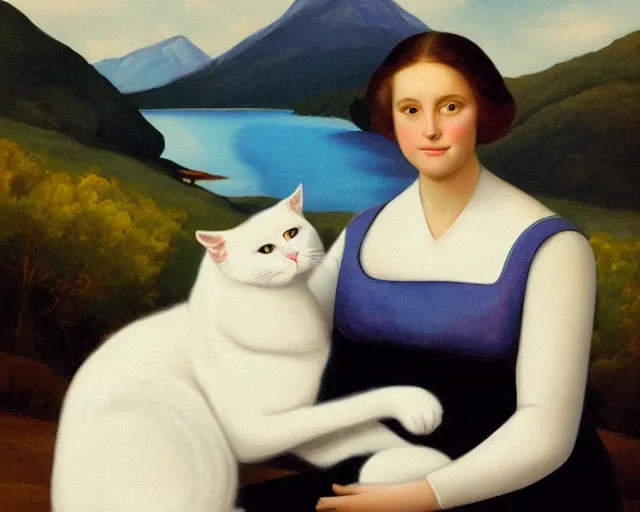 Prompt: painting of a woman holding a white cat, river, mountains, lake