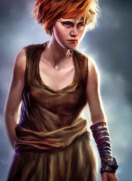 Image similar to an epic fantasy comic book style portrait painting of a girl with short straggly hair, low lethargic insouciance voice with a drawl wearing a ragged dress, unreal 5, daz, hyperrealistic, octane render, cosplay, rpg portrait, dynamic lighting