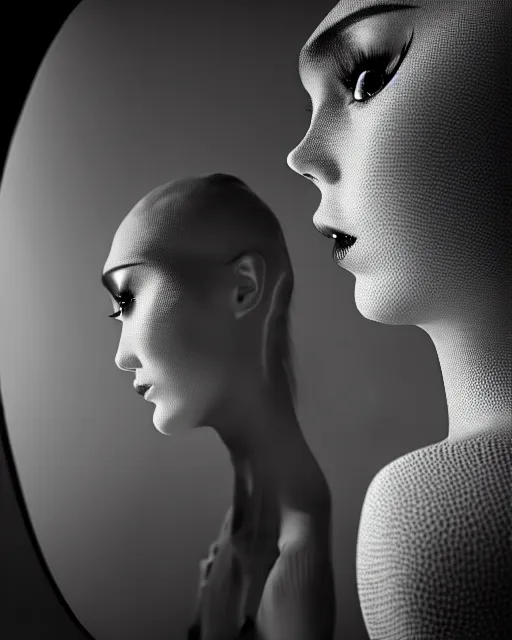 Image similar to black and white high quality photo of a beautiful female vegetal-cyborg looking into a sci-fi mirror, volumetric lighting, brutalism, foggy, dreamy, hyperdetailed, bokeh, photorealistic, cinematic, masterpiece, elegant, dark, by Man Ray in the style of Horst P. Horst, octane render, 8K,