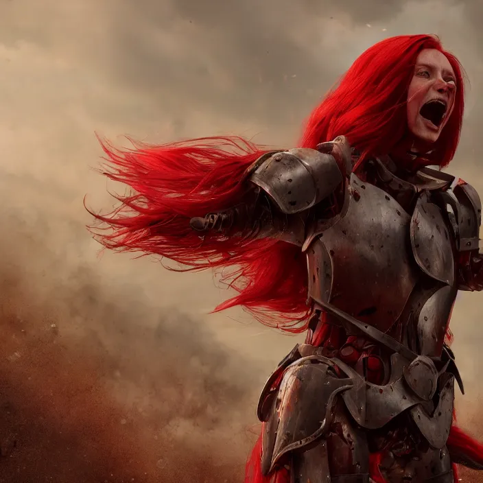 Prompt: a girl with a long red hair wearing a full-body red plate armor screaming in a battlefield, anatomically correct, hyperrealistic, concept art, octane render, unreal engine 5, 8K HDR, highly detailed, high quality, fantasy armor